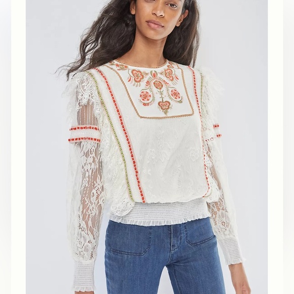 Anthropologie Bl^nk London Tali Embroidered Lace Top Peasant Fall Size XS - Picture 1 of 14